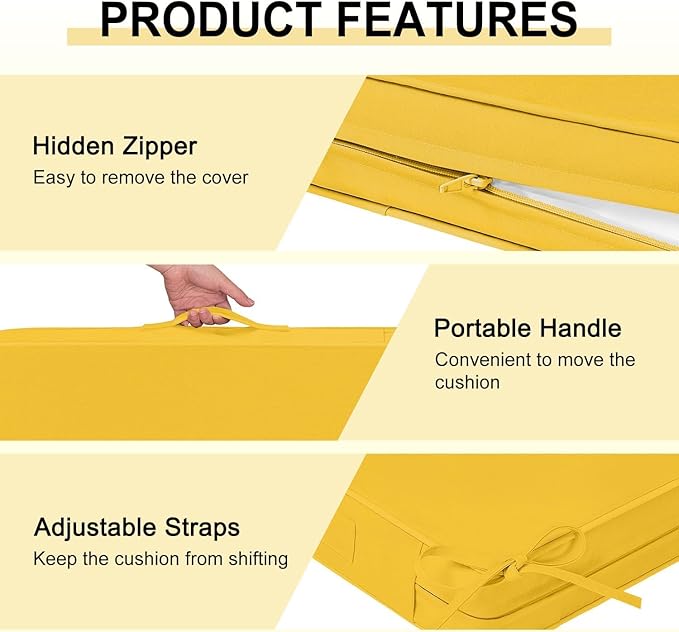 downluxe Waterproof Outdoor Chair Cushions for Patio Furniture, 22" x 22" x 3" Patio Chair Cushion with Adjustable Ties & Portable Handle, Square Outdoor Cushion with Removable Cover, Yellow, 2 Pack
