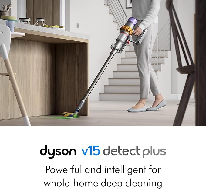 Dyson V15 Detect Plus Cordless Vacuum, Illumination Reveals dust, 240AW, 3 Power Modes, Up to 60 Minutes,² Deep Cleans Hard Floors and Carpets, Detangles pet Hair, Converts to Handheld