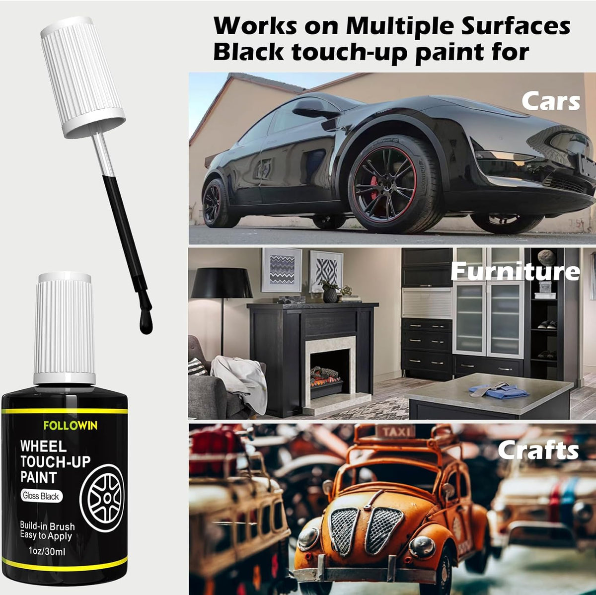 FOLLOWIN Gloss Black Rim Touch Up Paint for Cars, Wheel Rim Paint Repair Kit,Automotive Rim Scratch Repair,Repair Rim Curb Rash 1OZ(30ml)