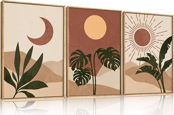 KAIRNE Vintage Sun and Moon Framed Canvas Wall Art Set,Boho Desert Botanical Wall Decor,Abstract Green Terracotta Art Prints,Retro Minimalist Artwork for Living Room,Bedroom,Farmhouse,Office-16"x24"x3