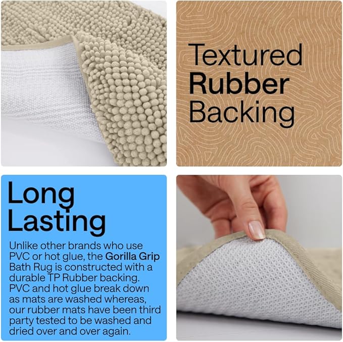 GORILLA GRIP Bath Rug Mat 44x26, Thick Soft Absorbent Chenille, Quick Dry Microfiber Mats, Rubber Backing Washable Shower Floor Rugs, Bathmat Runner, US Designed Bathroom Home Decor Accessories Sand
