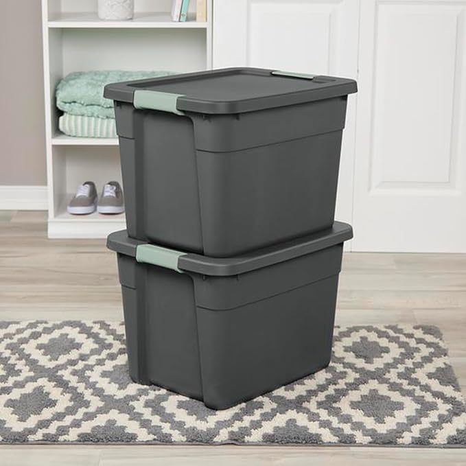 Sterilite 12 Pack Latch Tote, Stackable Plastic Storage Container, 12 Gallon, Gray/Green