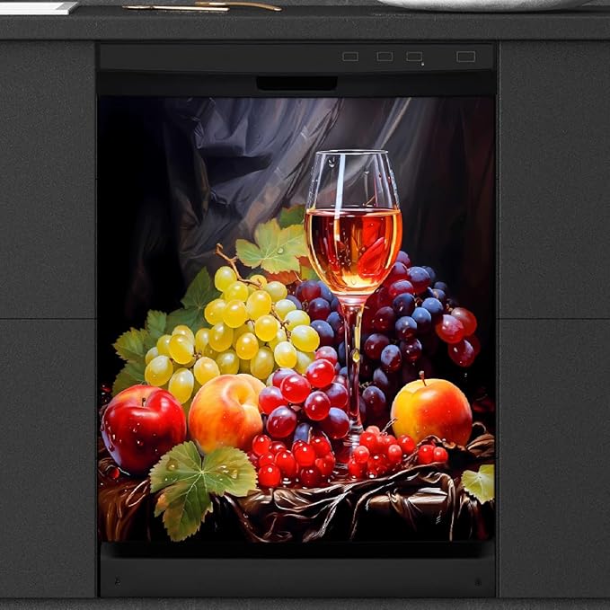 Dishwasher Magnet Cover Painting Wine Glass Fruit Reusable Dishwasher Magnetic Cover Sticker Decorative Dish Washer Door Cover Panel for Home Kitcen Appliance, 21x26 in