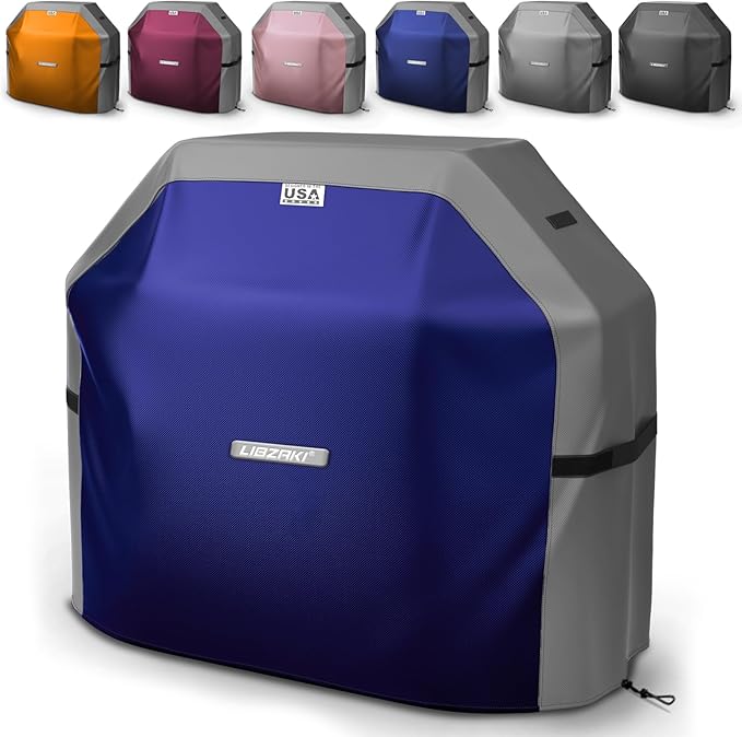 LIBZAKI Grill Cover 420D Waterproof, Weather Resistant, Rip-Proof, Anti-UV, Fade Resistant,Gas Grill Cover for Weber,Char Broil,Nexgrill Grills, etc.60 inches-Blue/Gray