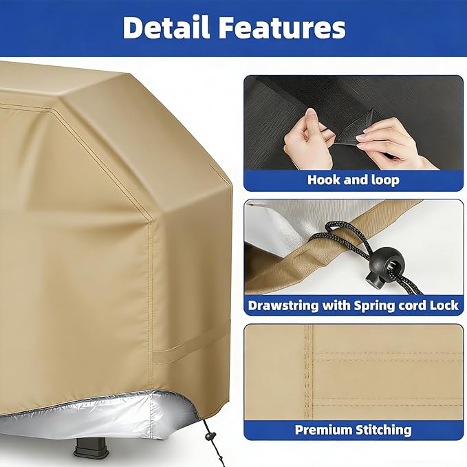 BBQ Gas Grill Cover for Outdoor, Anti-UV, Rip-Proof, 600D Oxford Fade Resistant Material, Barbecue Cover with Hook and Loop Straps & Adjustable Hem Drawstring (Beige, 48”x22”x42”)
