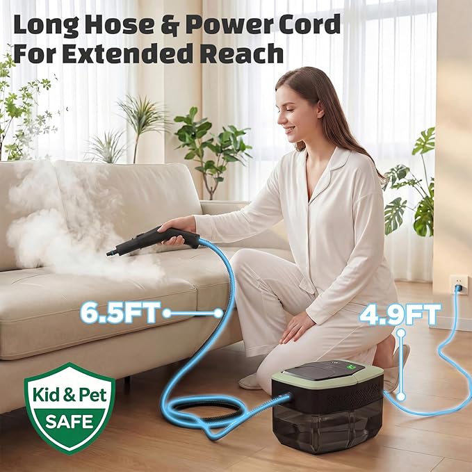 Handheld Steam Cleaner with On-Handle Control & Digital Display | 3 Level Pro Steam for Grease, Tile, Carpet | 45oz Tank, 10 Attachments for Home, Car, Kitchen Deep Cleaning (Green)
