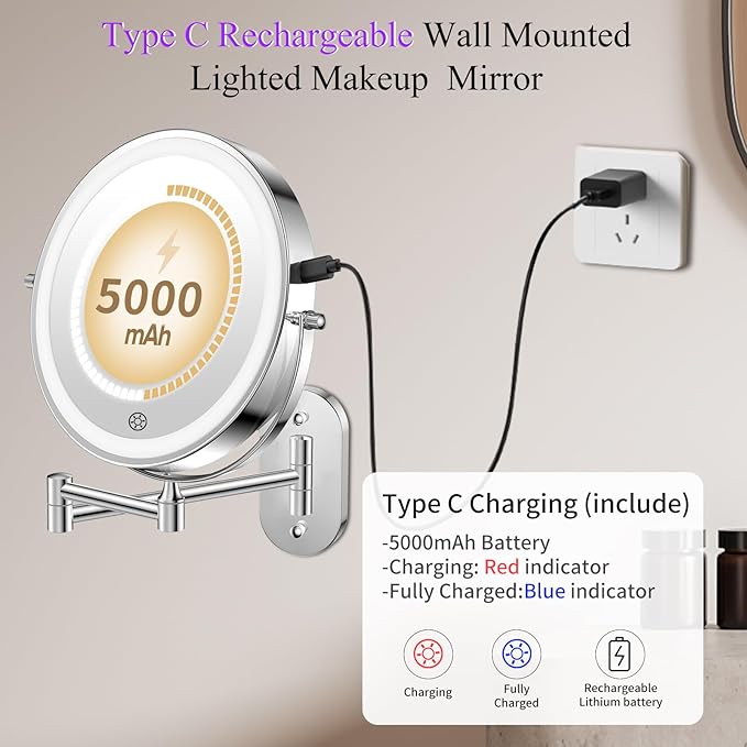 FUNTOUCH Rechargeable Wall Mounted Makeup Mirror