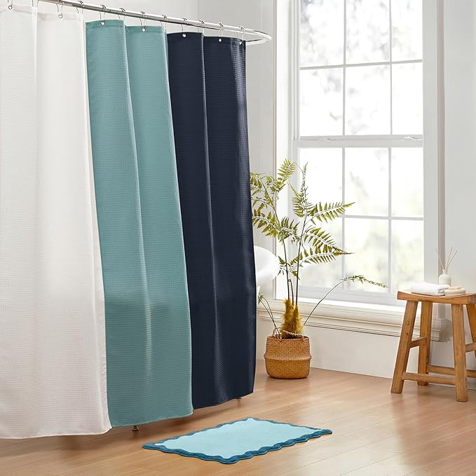 MONDAY MOOSE Bath Mat with Scalloped Wavy Ripple Design, Microfiber Absorbent Non Slip Tufted Rug for Floor, Shower or Kitchen (16x24 inch, Blue)