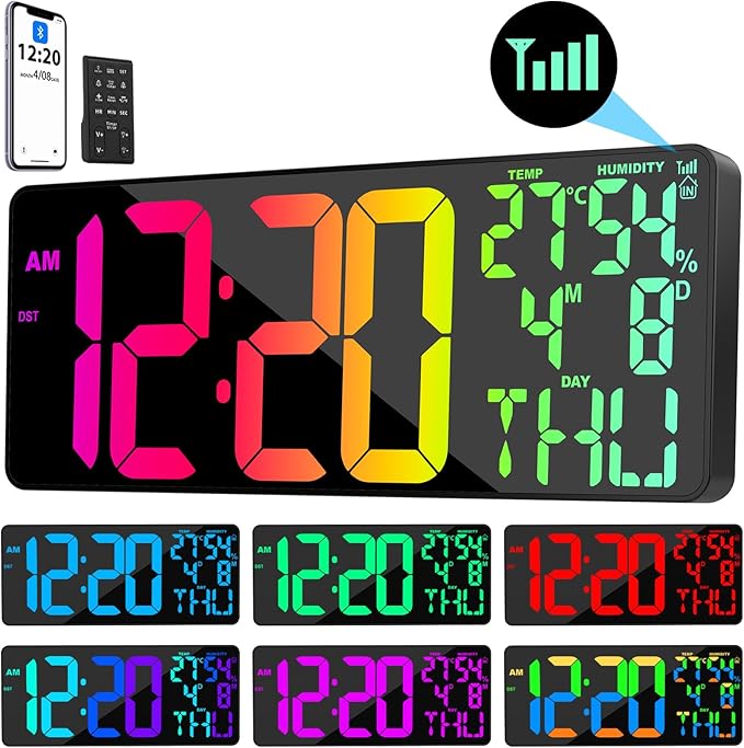 11 RGB Color Changes Large Digital Wall Clock/Bluetooth Auto Time Sync