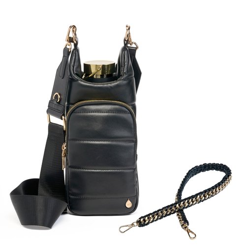 WanderFull® Original HydroBag® Vegan Leather, Fits Up to 32 oz Water Bottle Holder w/ 2 Straps, Hands-Free Crossbody Water Bottle Carrier Bag with Phone Pocket, Tumbler Accessories - Black