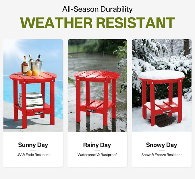 Outdoor Side Table Round - Patio Side Tables - HDPE Small Outdoor End Table for Backyard Pool Porch Balcony - Double Layer Storage - Red (Wood Grain Finish)