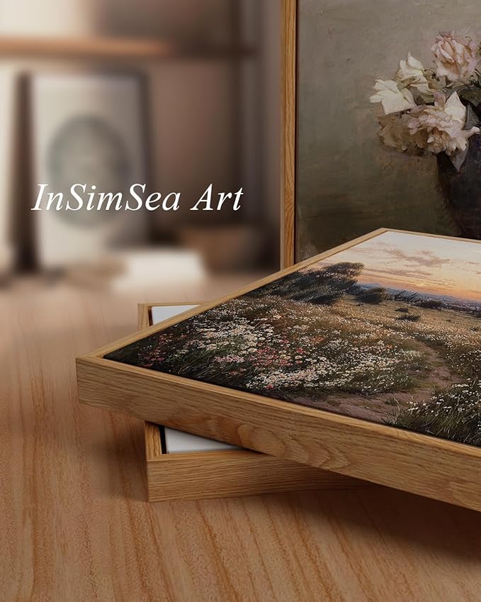 InSimSea Framed Canvas Prints Vintage Decor, Sunset Flower Field Landscape Paintings Wall Art, Large Countryside Farmhouse Hanging Wall Decor for Living Room Bedroom, 24x36inch