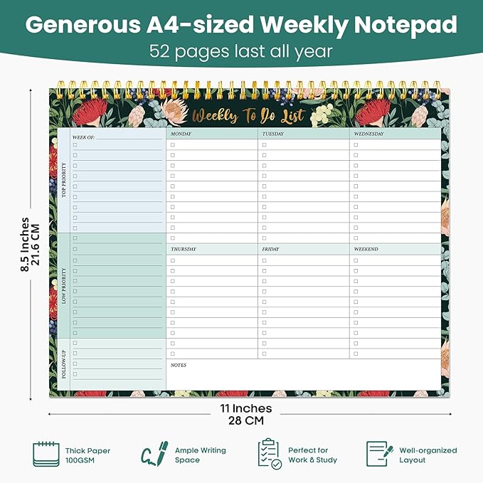 Weekly To Do List Notepad with 52 Undated Sheets（8.5"×11"）- Undated Weekly Planner Notepad for Office Desk Accessories and Supplies - Sage Blossom