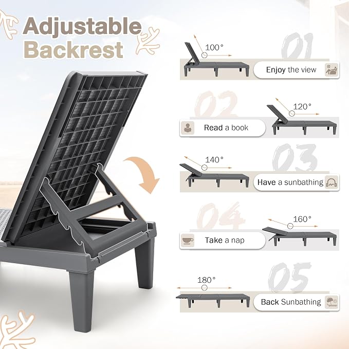 Homall Outdoor Lounge Chairs Set of 2, Quick Assembly & Waterproof Patio Chaise Lounge with Adjustable Backrest for Poolside, Beach, Garden (Grey)
