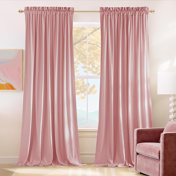 NICETOWN Pink Velvet Curtains 96 inch Length, Blush Pink Room Darkening Thermal