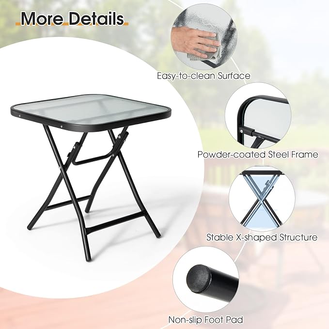 Giantex Folding Side Table, Square Small Patio Table, Tempered Glass Tabletop, Steel Frame, Weather-Resistant Outdoor Indoor Use for Bistro Porch Garden Balcony 18"x18"x18.5"
