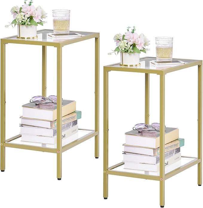 Side Tables Set of 2, End Tables with Tempered Glass, 2-Tier Nightstands with Storage Shelves, Coffee Table with Modern Style, Slim Sofa Table for Living Room, Bedroom, 11.8" D x 15" W, Gold
