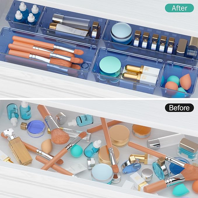 WOWBOX 12 Pack Clear Drawer Organizer Set, Acrylic Drawer Storage Trays, Storage Bins for Makeup, Cosmetics, Jewelries, Utensils, Gadgets, Office, Dark Blue
