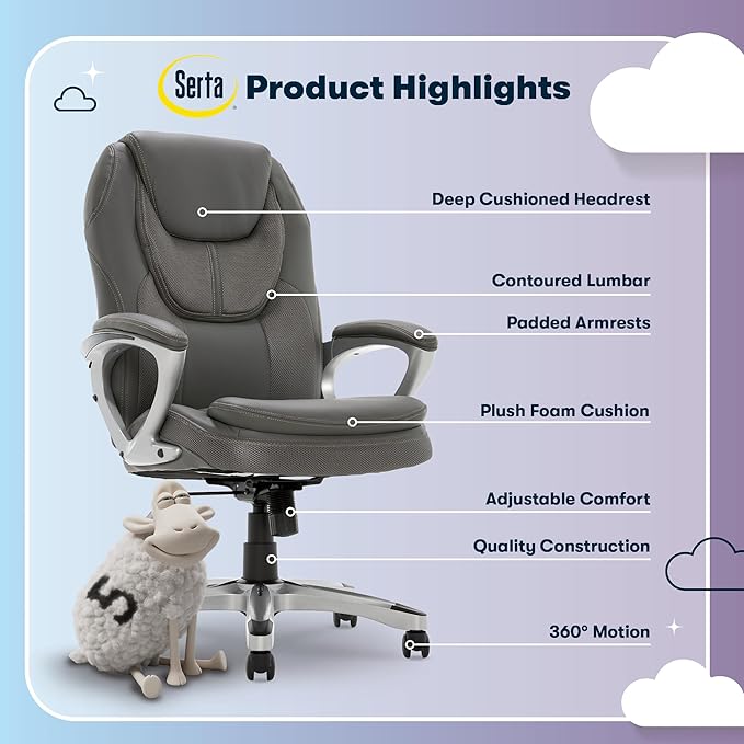 Serta Amplify Executive Office Chair with Faux Leather and Mesh, Adjustable Ergonomic Comfy Seat with Lumbar Support, Modern Computer DeskChairs, Swivel Rolling Wheels, Duo Gray
