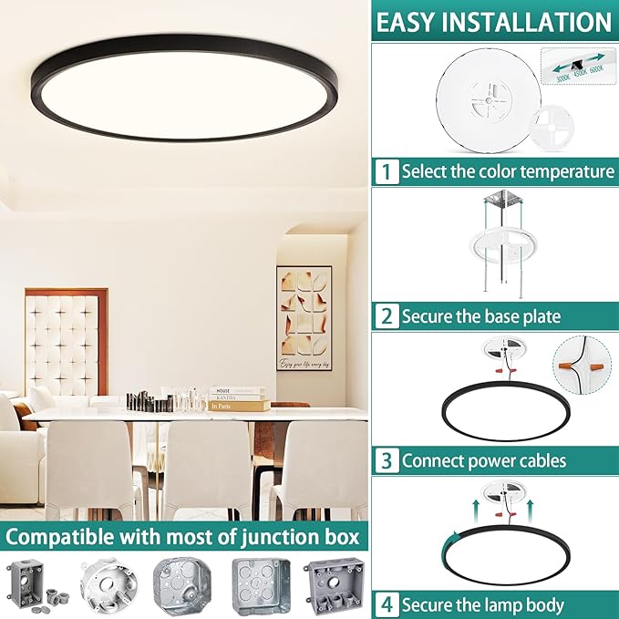 20 Inch Dimmable LED Ceiling Light Fixture, Ultra Thin Flush Mount, 40W 4000Lumen, 3 Color Changeable, Round, Black, for Dining Room, Kitchen, Bedroom, Office, Hotel