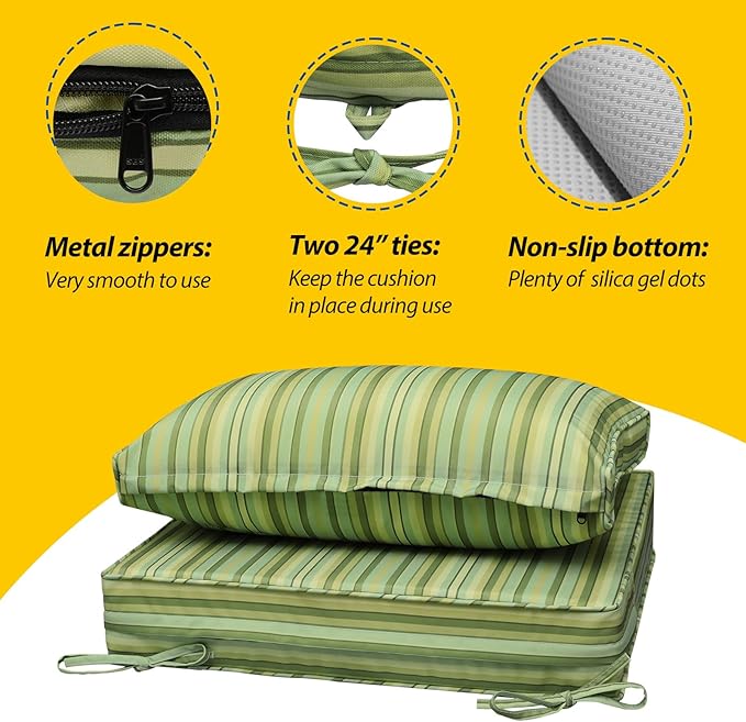 AAAAAcessories Outdoor Seat Cushions for Chairs, Fade-Resistant, Waterproof Patio Furniture Replacement Cushions, 24" x 24" x 5" + 24" x 13.5", Mossy Forest Stripe