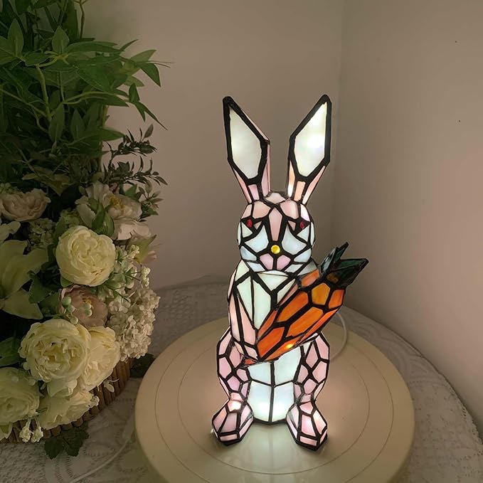 Bieye L10949 Rabbit Holds Carrot Tiffany Style Stained Glass Accent Table Lamp for Home Decor (Pink)