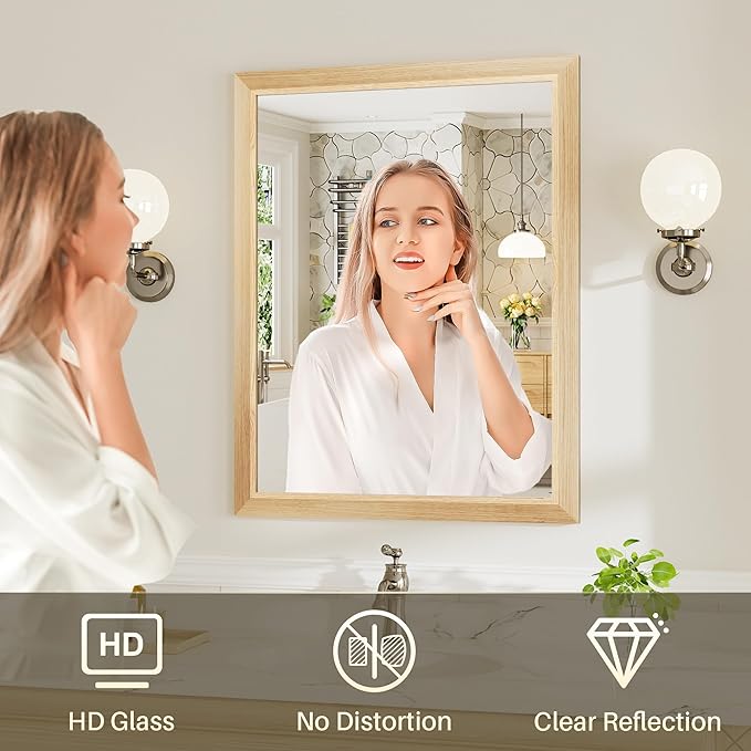 36x32 Inch Bathroom Mirror for Wall, Anti-Rust Oak Wood Grain Metal Framed