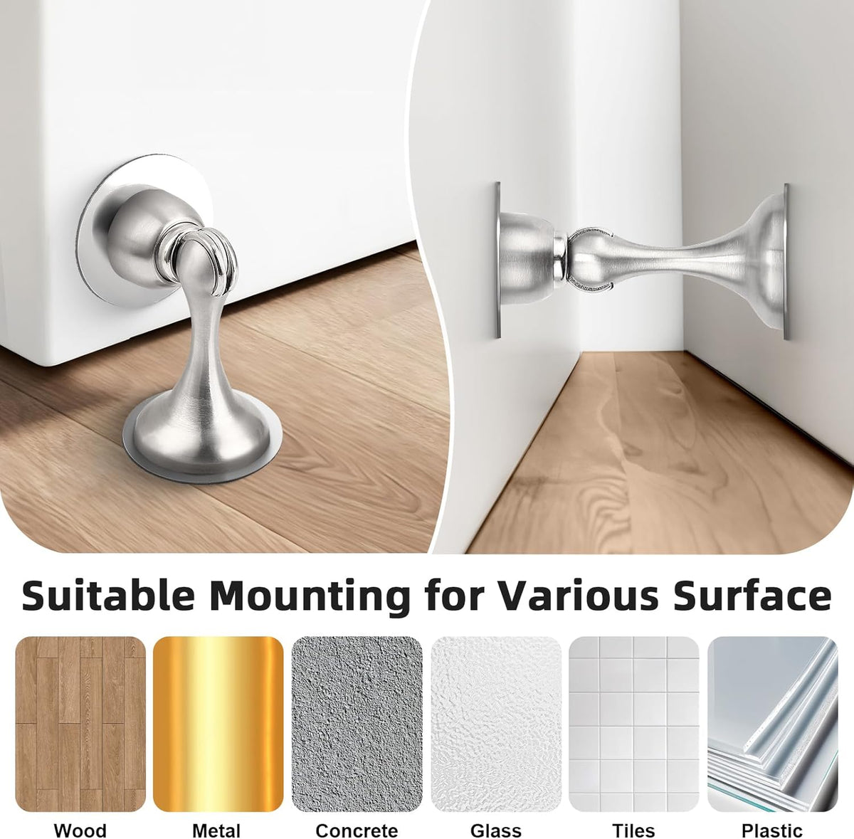 Probrico Brushed Nickel Magnetic Door Stoppers for Bottom of Door, Stainless Steel Magnet Door Catch Door Stops to Keep Door Open, Heavy Duty Door Holder, Wall and Floor Mounting, 6 Pack