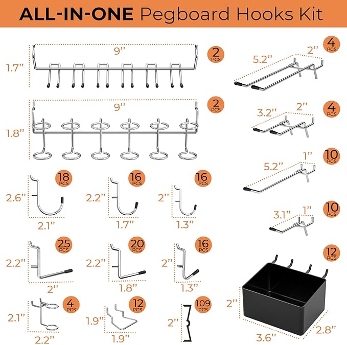 INCLY 278PCS Pegboard Accessories Organizer Kit, Peg Board Hooks Assortment with Bins for Organizing Various Tools, Fit 1/8 or 1/4 inch Pegboard for Hanging Storage, Garage Wall Attachments