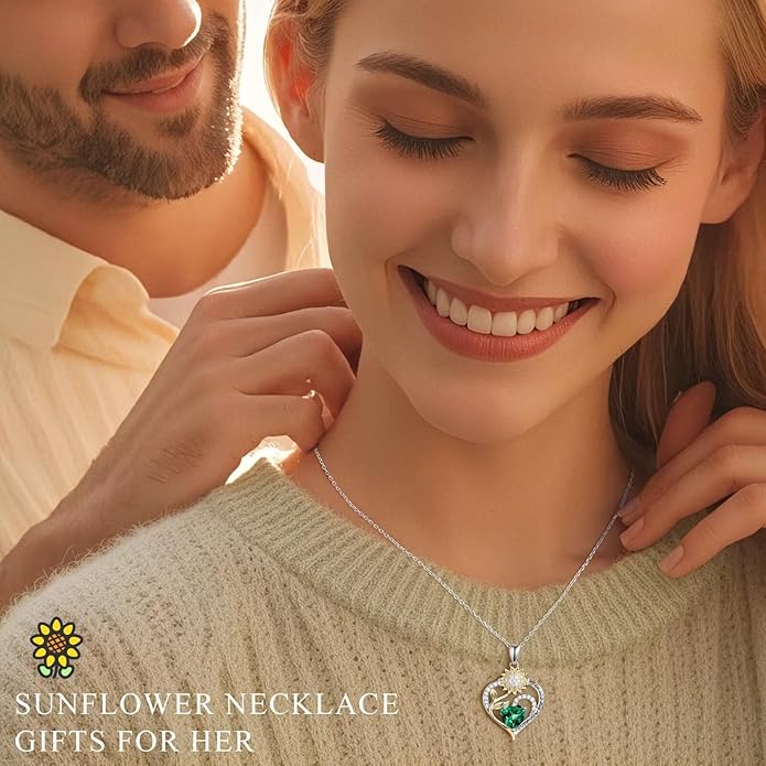 Iefil Christmas Gifts for Women Wife - Sunflower Birthstone Necklace for Women, Anniversary Birthday Gifts 925 Sterling Silver Heart Pendant You Are My Sunshine Jewelry for Girlfriend Mom Daughter