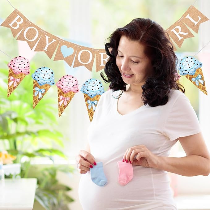 2 Pcs Gender Reveal Party Decorations Pre-strung Boy or Girl Burlap Baby Shower Banner and Ice Cream Cone Banner for Gender Reveal Birthday Baby Shower Party Decorations