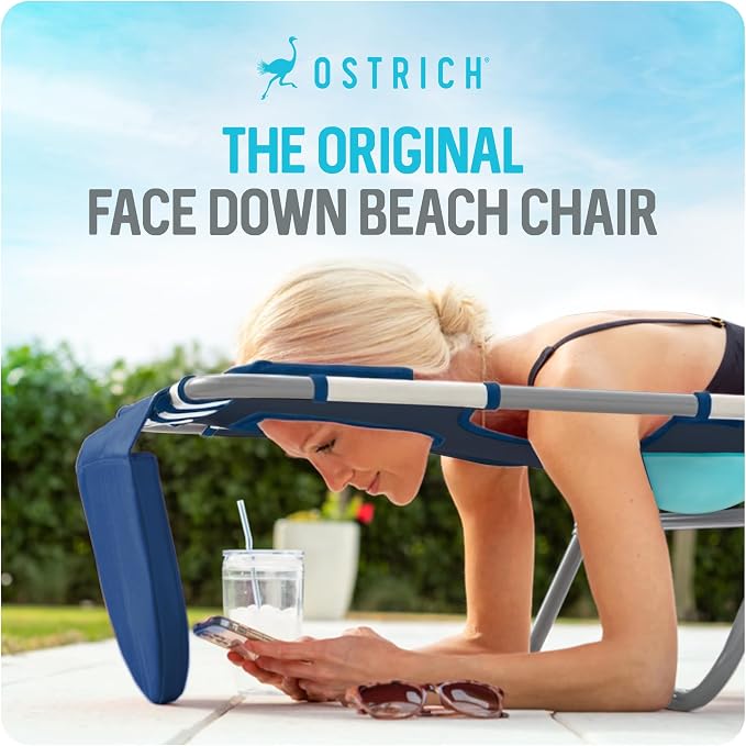 Ostrich the Ladies Comfort Lounger with Chest Support, Foldable & Portable Reclining Outdoor Patio Beach Lawn Camping Pool Tanning Chair, Blue Stripe
