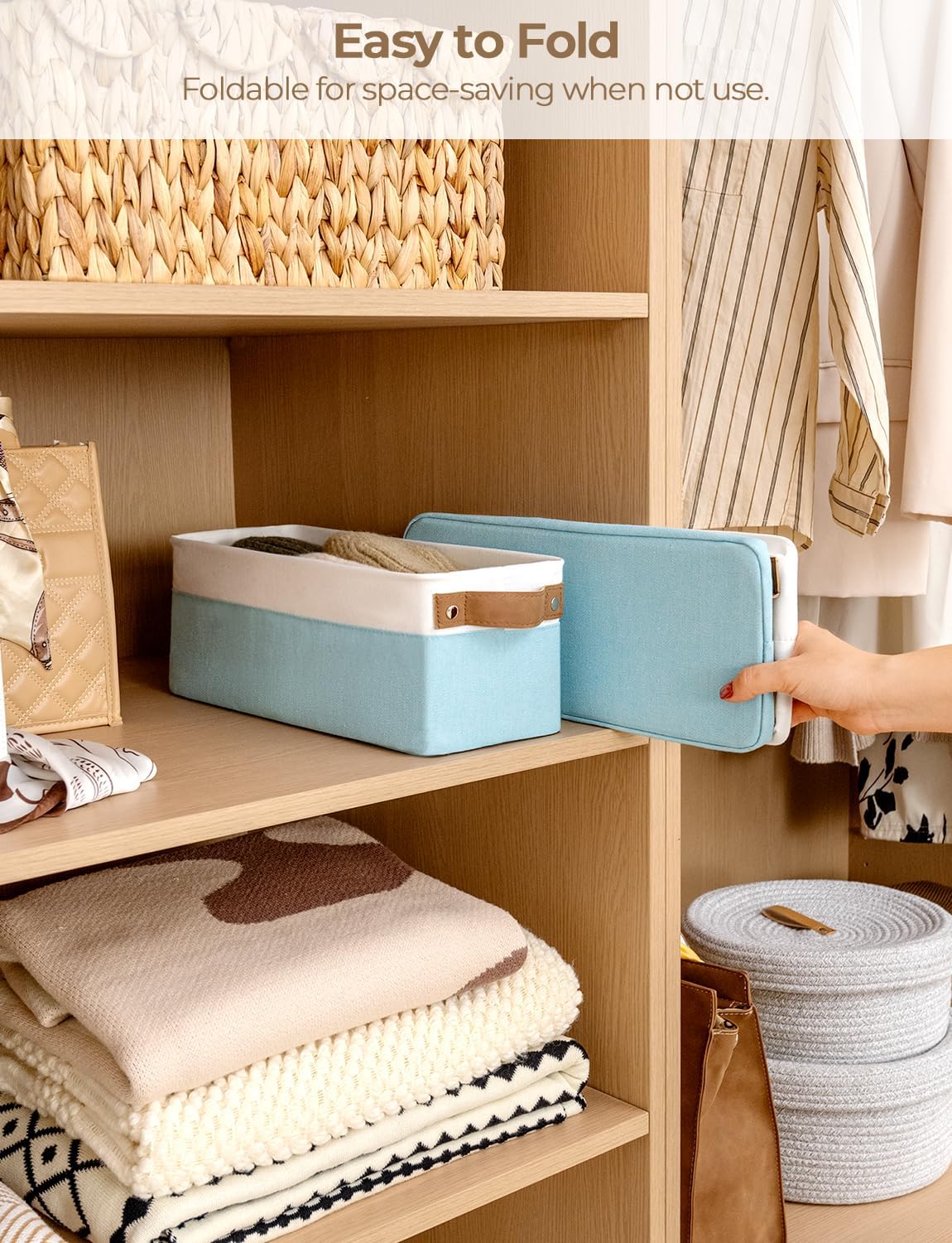 StorageWorks Narrow Storage Bins, Small Basket for Closet and Shelves, Fabric Organizer with Handles, Toilet Paper Storage, Light Blue and White, 2-Pack