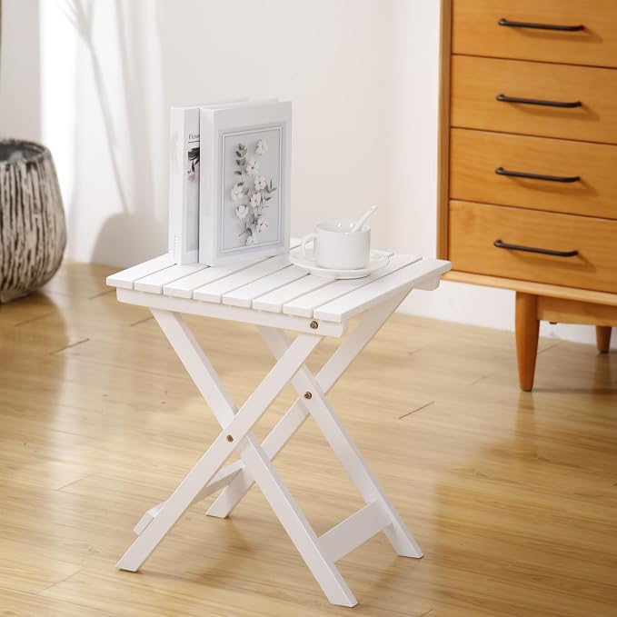Outdoor Small Table Square Folding Wooden Patio Side Table Set of 2 Furniture Table for Adirondack Chair, Balcony, Porch, No Assembly Required, White
