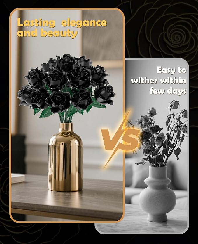 Black Roses Flower Bouquet Building Blocks Set, Botanical Collection Artificial Flowers Compatible with Lego Flowers, Christmas Decorations Gift for Adults Teens
