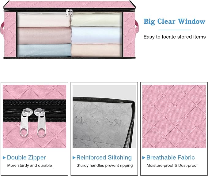 HomeHacks Storage 4-Pack Clothes Organizer Storage Bags Foldable Storage Box with Large Clear Window Sturdy Handles for Closet, Dorm, Pillows, Bedding, Clothes, Blankets, 35L, Pink