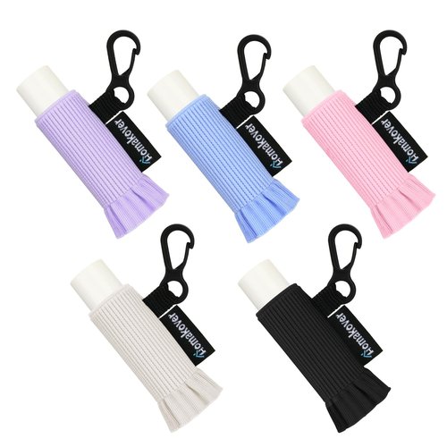 5 Pack Compact Clip-On Lip Balm Holder Keychain, Tight-Knit Elastic Lipstick Holder Sleeve, Minimalist Design Lip Gloss Lipstick Stretchable Key Chain Holder (Black/Beige/Pink/Blue/Purple)