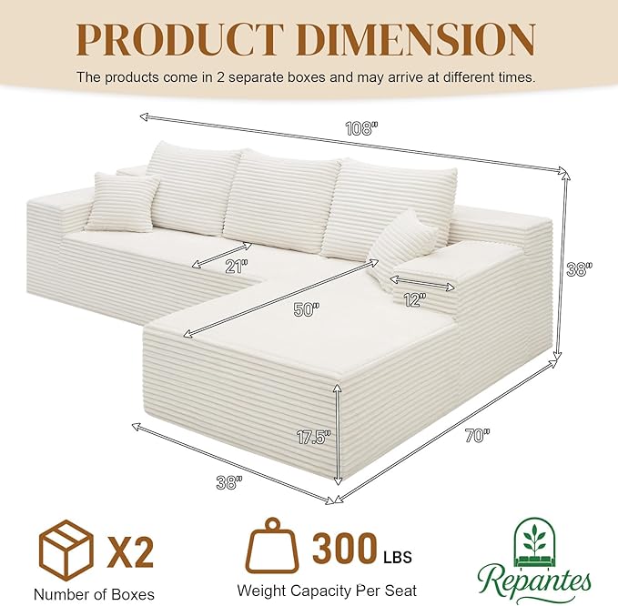 108" L Shaped Boneless Sectional Couches for Living Room, Comfy Corduroy Floor Cloud Sofa with Chaise, Wide Armrest, Deep Seat, Memory Foam, Assembly Free, Ideal for Small Spaces, White