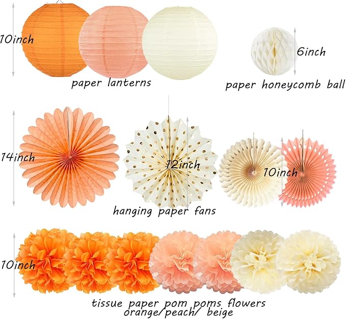 Beige Orange Peach Fall Boho Party Decorations Paper Lanterns Tissue Pom Poms Streamers Hanging Paper Fans for Autumn Harvest Birthday Thanksgiving Wedding Bridal Shower Baby Shower Party Decoration
