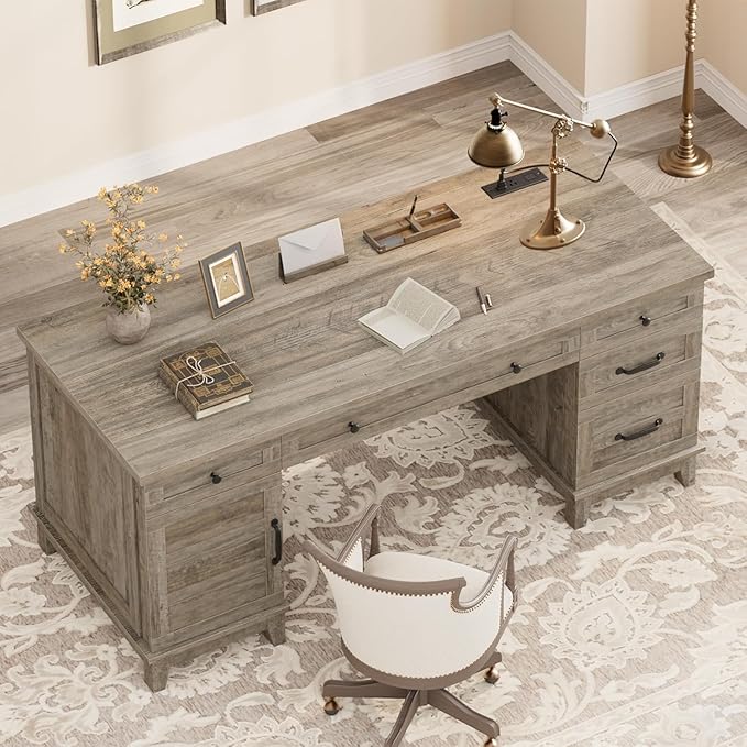 60 Inch Farmhouse Executive Desk with File Drawers for Home Office, Large Computer Desk with Storage Cabinet & Charging Station, Wooden Writing Table with Power Outlets & USB Ports for Work Study