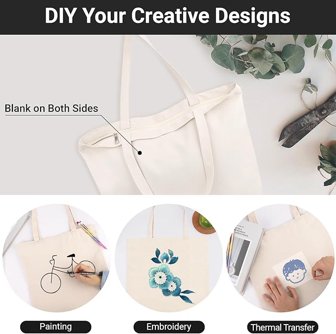 Segarty Canvas Tote Bag with Zipper, 24 Pack 16x13 Reusable Bags for Women, Blank Canvas Tote Aesthetic with Natural Cotton Cloth, Shoulder Strap, Bulk for DIY, Grocery, Beach, Travel，Gift