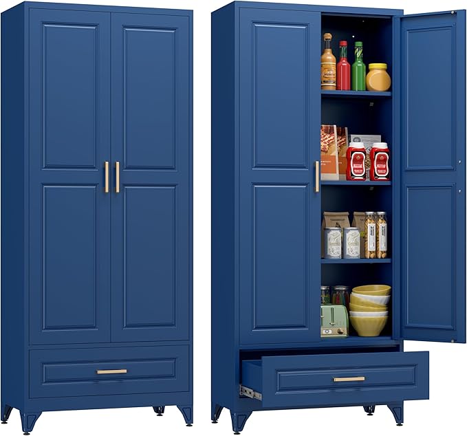 Metal Storage Cabinet,75" Tall Kitchen Pantry Storage Cabinet with Doors and Adjustable Shelves, Blue Metal Pantry Cabinets with Drawer, Large Cupboard for Kitchen, Dining Living Room