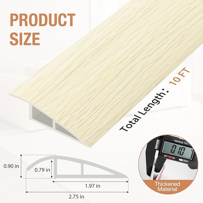 Floor Transition Strip Self Adhesive Vinyl Door Threshold for Doorways Carpet Edging Trim Overlap Edge Reducer for Laminate Floor, Carpet, Tile (Beige Wood Grain, 3/5" to 4/5", 10Ft)