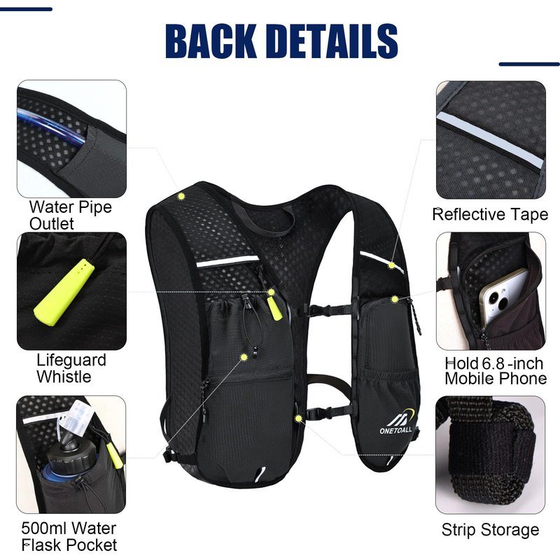 ONETOALL Running Vest for Women & Men,6L Hydration Backpack with 2L Water Bladder,Lightweight Water Backpack for Trail Running, Marathon, Hiking, Cycling, Jogging, Adjustable Fit Black