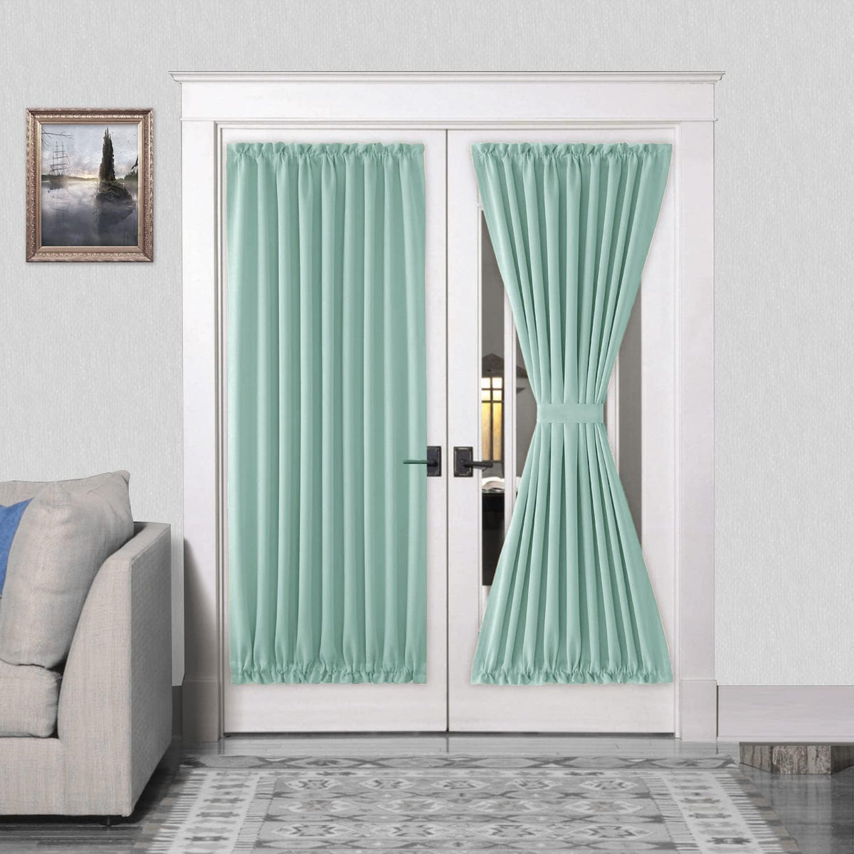 DWCN French Door Curtains – Rod Pocket Thermal Blackout Curtain for Doors with Glass Window, Kitchen and Patio Doors for Privacy, 54 X 72 Inches Long, 1 Curtain Panel with Tieback, Mint Green
