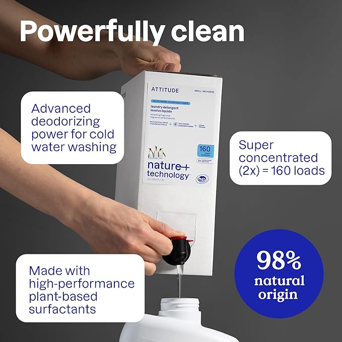 ATTITUDE Liquid Laundry Detergent Refill, EWG Verified, HE Compatible, Plant-Based & Vegan, Natural Laundry Soap, Mountain Fresh Scent, 160 Loads, 135.26 Fl Oz (Pack of 2)