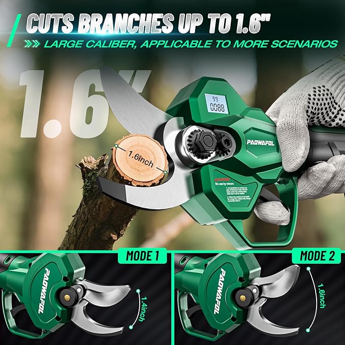 Electric Pruning Shears, 2.1" (54mm) Cutting Diameter Cordless Electric Scissors with LCD Display, 21V Brushless Motor Branch Cutter with 2 PCS Rechargeable 2000mAh Batteries & 2 Blades (Green)