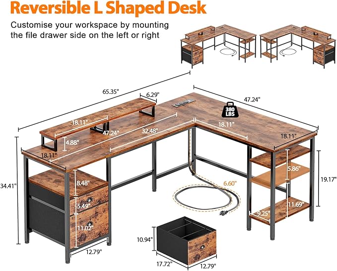 Furologee 66” L Shaped Desk with Power Outlet, Reversible Computer Gaming Desk with File Drawer & 2 Monitor Stands for Home Office with Storage Shelves, Rustic Brown