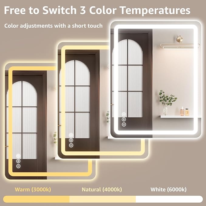 Led Bathroom Mirror with Lights, Anti-Fog & Tri-Color Lighting