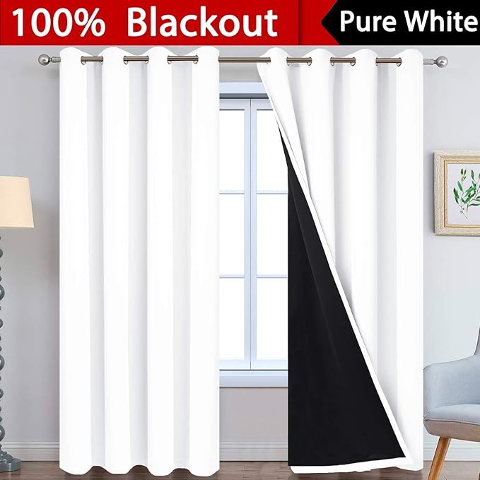 Yakamok Pure White 100% Blackout Curtains, 2 Thick Layers Completely Blackout
